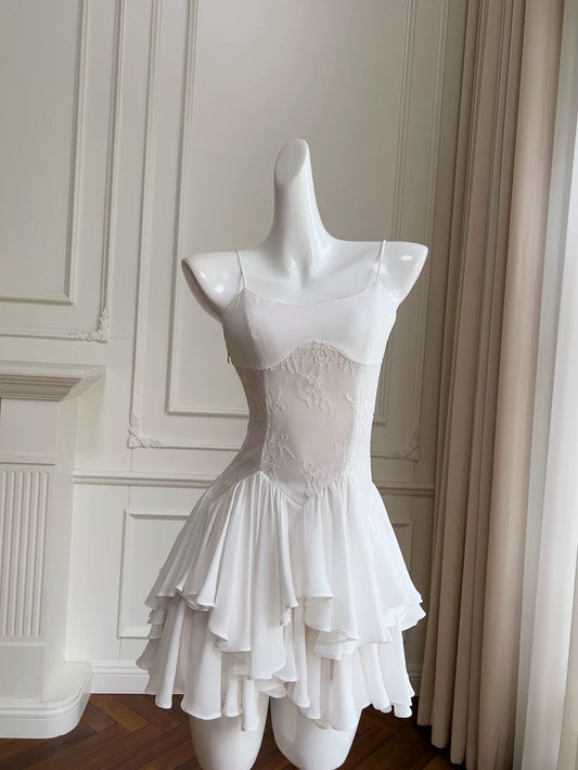 Trendy A line Spaghetti Straps White Lace Short 8th Grade Homecoming Dress Summer Middle School Hoco Dresses Cocktail Dress Birthday Outfits W965