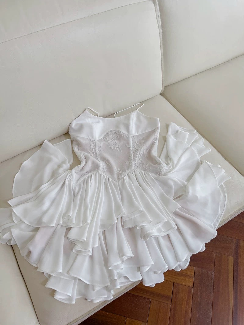 Trendy A line Spaghetti Straps White Lace Short 8th Grade Homecoming Dress Summer Middle School Hoco Dresses Cocktail Dress Birthday Outfits W965