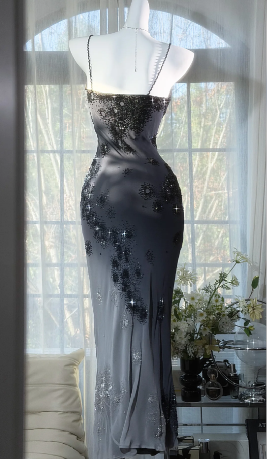 Pretty Spaghetti Straps Black Chiffon Beaded Mermaid Evening Dress Long Birthday Prom Gowns With Ribbon D2380