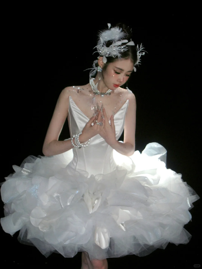 Cute A Line Strapless White Satin Tulle Short Party Dress Birthday Dress SH2926