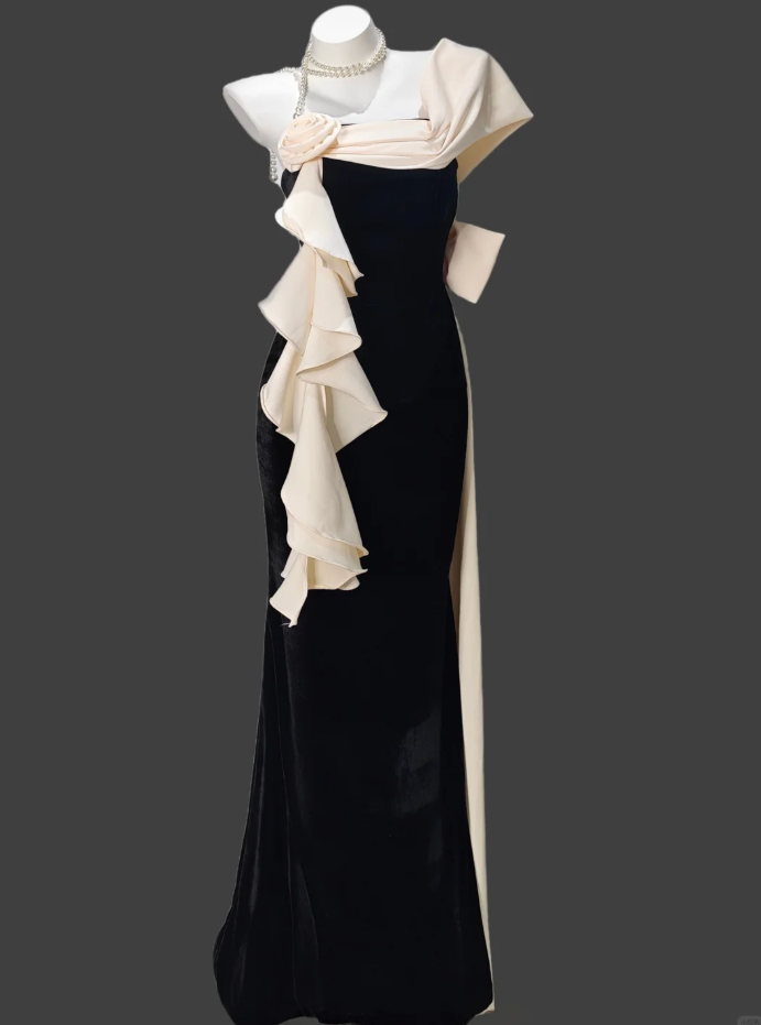 Fashion One Shoulder Black Satin Mermaid Long Party Dress Birthday Prom Gowns SP1921