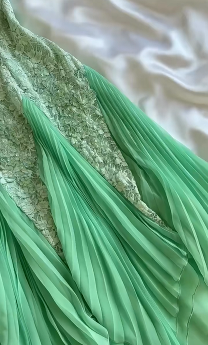 Green A Line Spaghetti Strap Lace Chiffon Evening Dress Party Dress SH3424