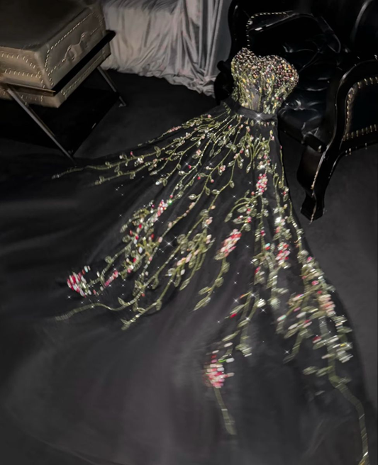 Gorgeous Black Strapless Tulle Beaded Long Prom Dress party Gown D1226