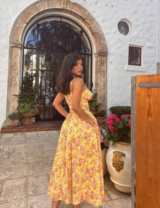 Cute A Line Spaghetti Strap Print Floral Yellow Satin  Prom Dress Vacation Dress SH4570