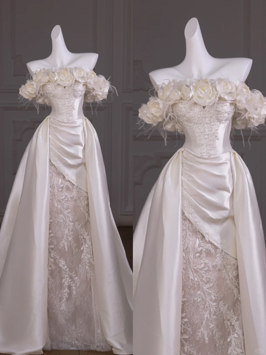 Pretty Wedding Dress Sheath Strapless White Satin Long Wedding Dresses With Flowers Bridal Gowns WD020
