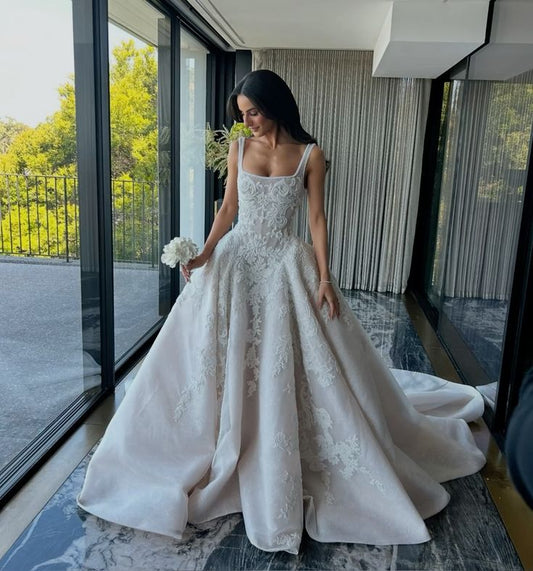 Pretty Wedding Dress Ball Gown Square Neck Lace Long White Wedding Dresses Bridal Gowns WD042
