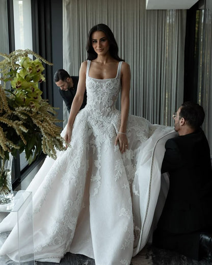 Pretty Wedding Dress Ball Gown Square Neck Lace White Wedding Dresses Bridal Gowns DP1612