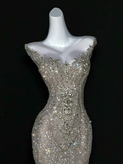 Sparkly Wedding Dress Mermaid Scoop Sequin Long Silver Corset Back Wedding Dresses Brides Dress Bridal Gowns WD053