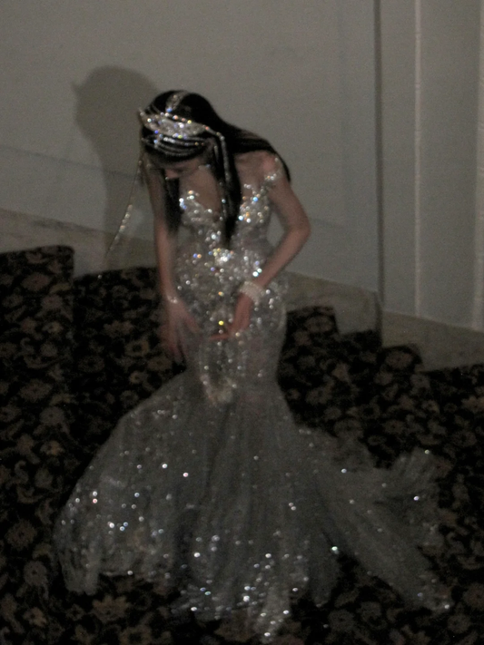 Retro Wedding Dress Mermaid Scoop Sequin Pearls Long Silver Wedding Dresses Bride Dress Bridal Gowns WD057