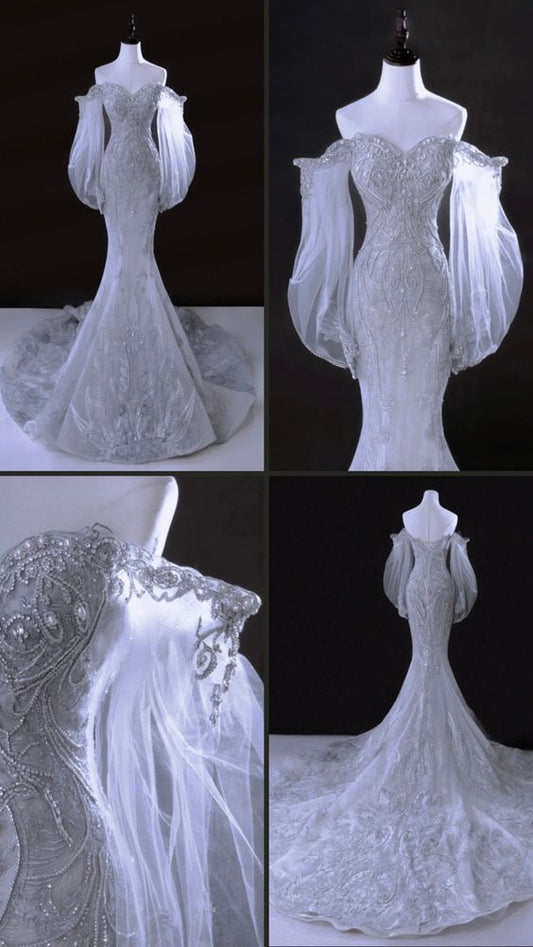 Sparkly Wedding Dress Mermaid Off The Shoulder Sequin Long Silver Wedding Dresses Brides Dress Bridal Gowns WD065