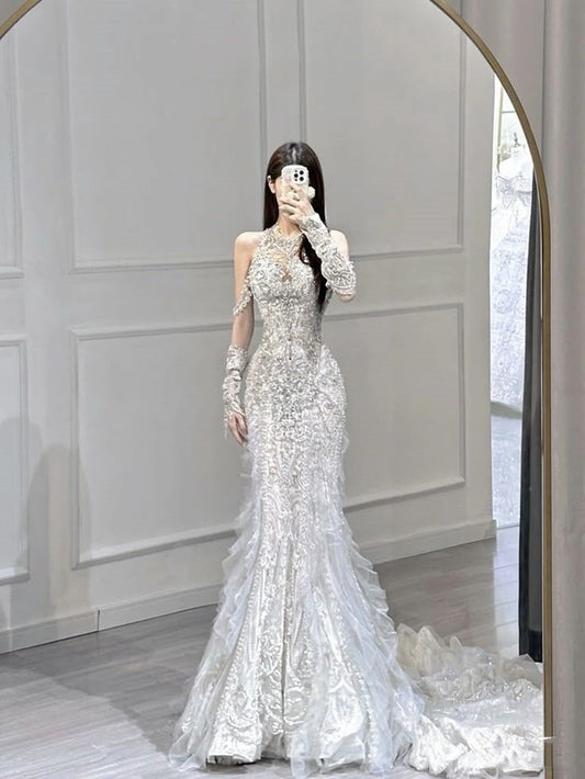 Modest Wedding Dress Mermaid Scoop Lace Long White Wedding Dresses Brides Dress Bridal Gowns With Gloves WD070