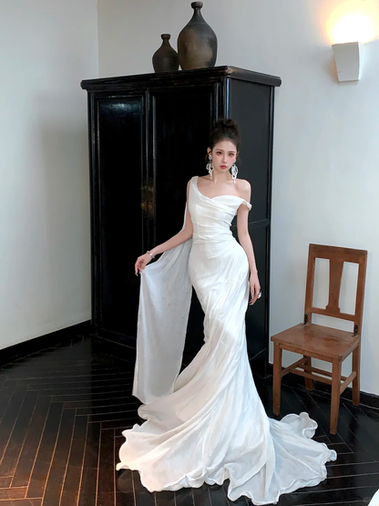 Simple Wedding Dress Mermaid Off The Shoulder Summer Long Satin White Wedding Dresses Bride Dress Bridal Gowns WD082