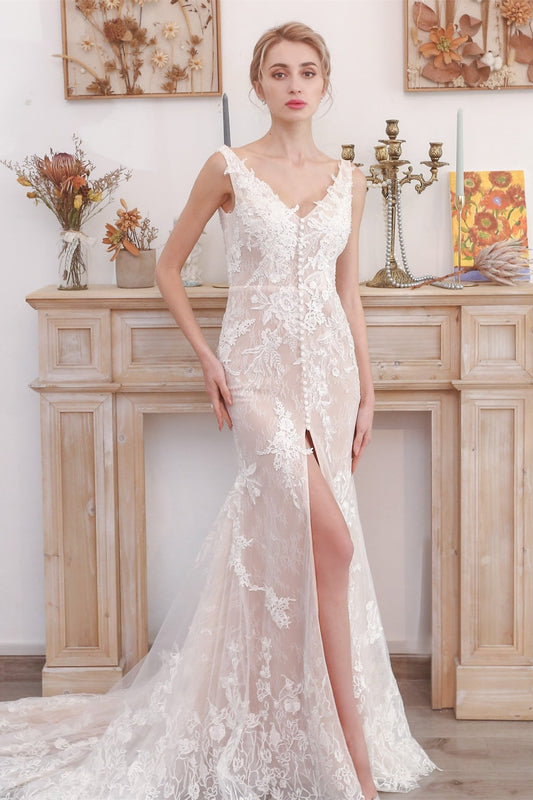 Flattering White Lace Mermaid Long Wedding Dress with Slit