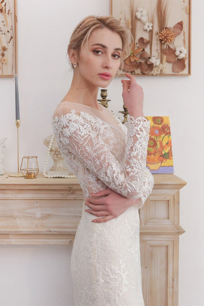 Long Sleeves White Lace Mermaid Wedding Dress