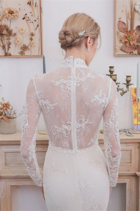 Modest High Neck Long Wedding Dress with Slit