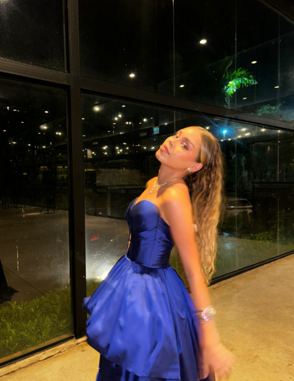 Stylish Royal Blue Strapless Satin Pleated Long Wedding Guest Dress Evening Dress D1546