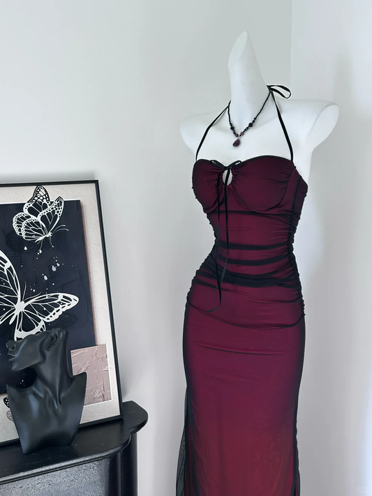 Classic Sexy Sheath Halter Black Chiffon Red Satin Open Back Long Evening Dress Party Dress SH3486