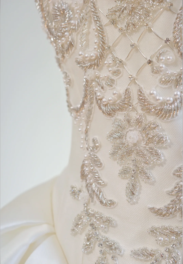 Elegant Strapless White Satin Beaded Ball Gown Long Wedding Dress D2157