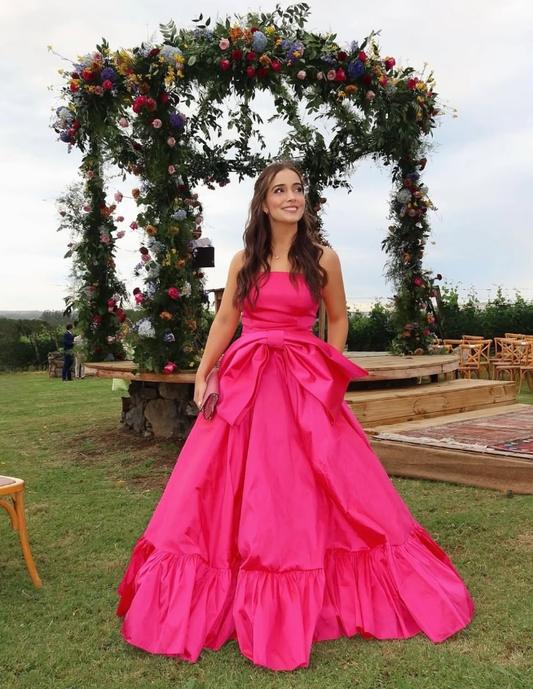 Hot Pink A Line Strapless Satin Long Prom Dress Birthday Dress with Bow SH2071