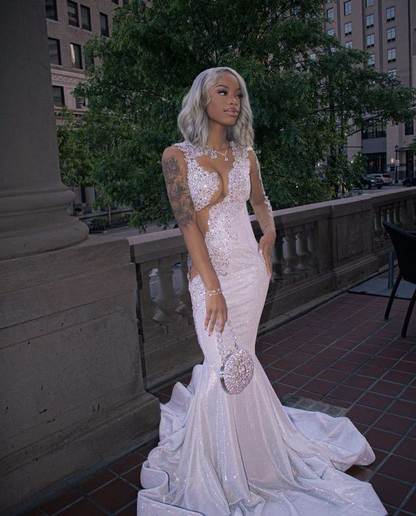 Shining Silver Mermaid Long Sleeves Prom Dress SH974