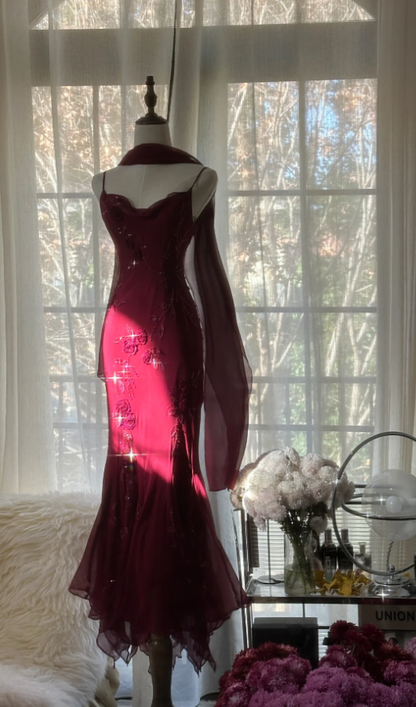 Charming Spaghetti Straps Burgundy Chiffon Beaded  Mermaid Long Party Dress Birthday Prom Gown D2092