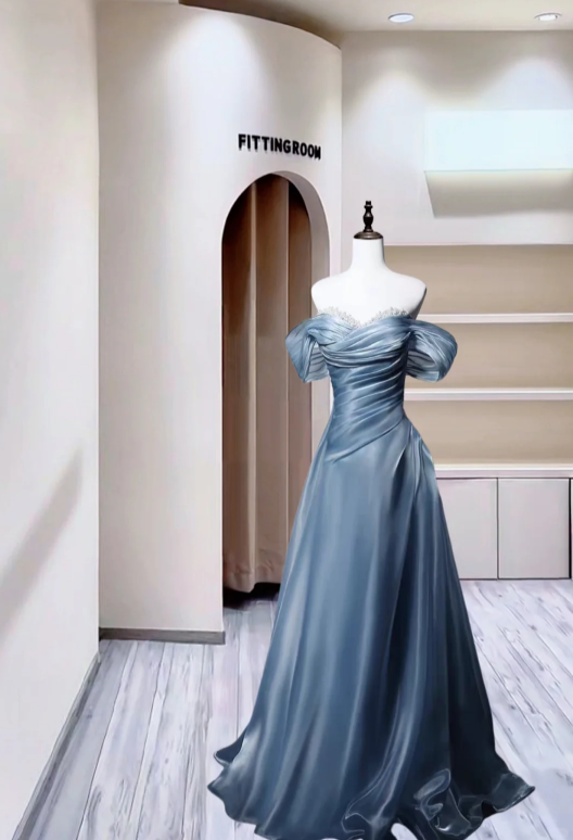 Charming Off The Shoulder Ball Gown Blue Gray Satin Pleated Beaded Long Party Dress Evening Gown D2390