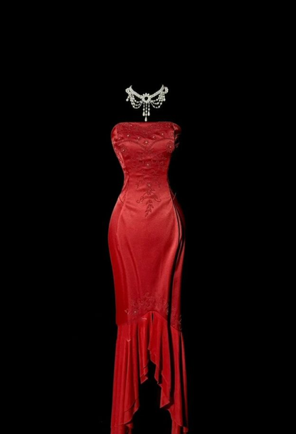 Stylish Strapless Red Satin Beaded Mermaid Long Wedding Guest Dress Formal Birthday Party Dress Prom Gown D1566