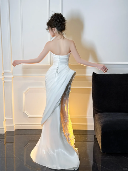 White Mermaid Strapless Floral Pleated Satin Tulle Long Prom Dress Party Dress SH4687