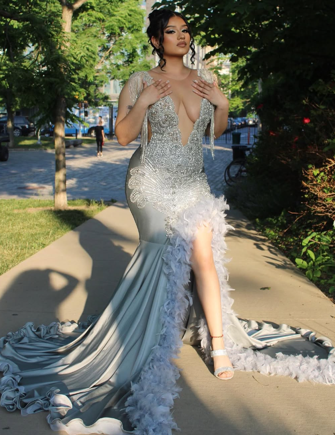 Gorgeous Mermaid Deep V Neck Beaded Feather Long Sweep Prom Dress Evening Dress SH2193