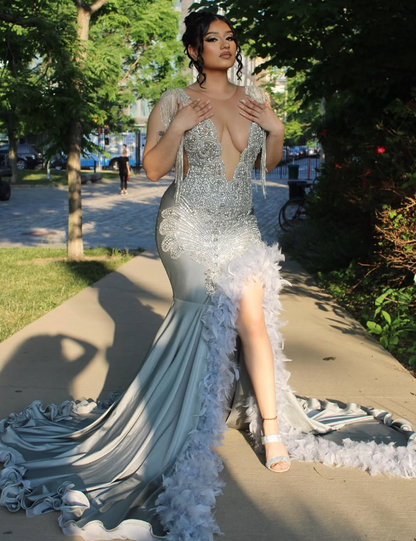 Gorgeous Mermaid Deep V Neck Beaded Feather Long Sweep Prom Dress Evening Dress SH2193