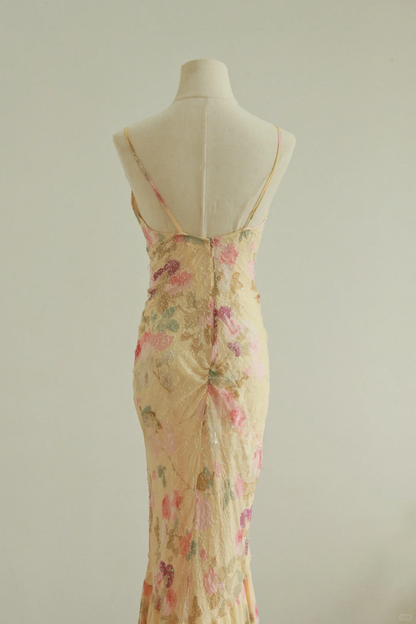 Retro Print Floral Mermaid Spaghetti Strap Beaded Chiffon Prom Dress Evening Dress SH3900