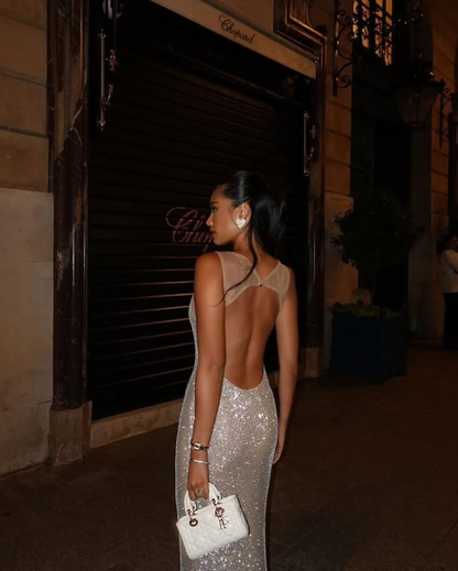Shiny Sheath Straps Rhinestone Tulle Open Back Prom Dress Evening Dress SH2124