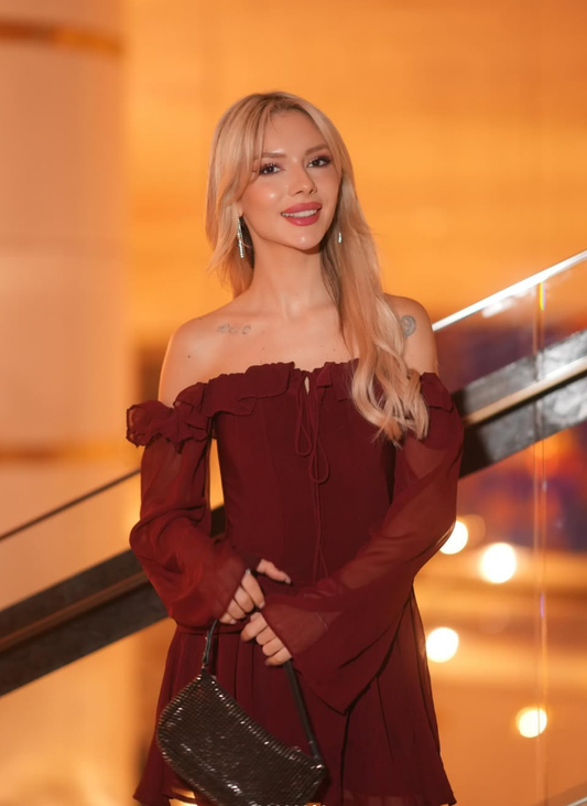 Burgundy  A Line Long Sleeve Chiffon Short Homecoming Dress Cocktail Dress SH3591