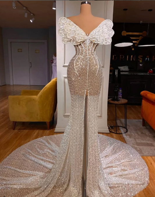Gorgeous Mermaid Strapless Beaded Champagne Sequin Long Prom Dress Evening Dress SH2188