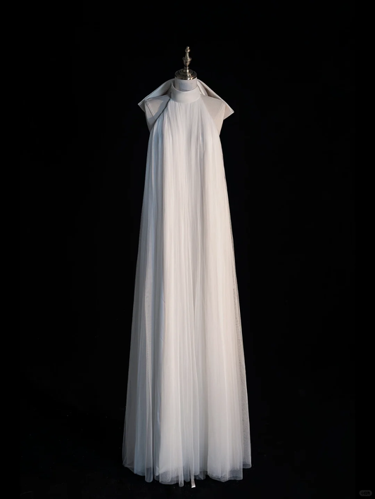 Simple A Line Halter White Tulle Long Open Back Party Dress Evening Dress SH2814