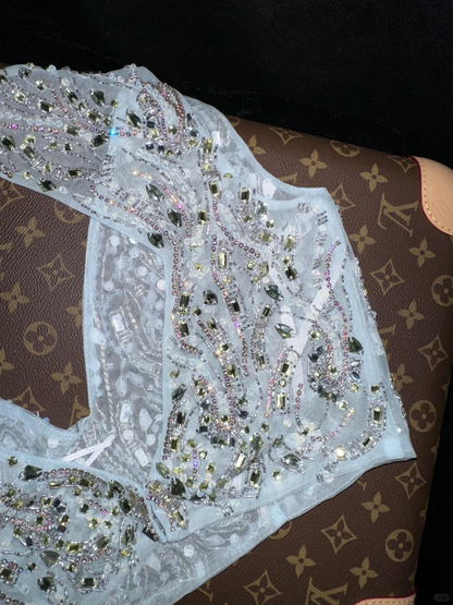 Shiny A Line V Neck Two Piece Beaded Baby Blue Tulle Long Prom Dress Evening Dress SH3141
