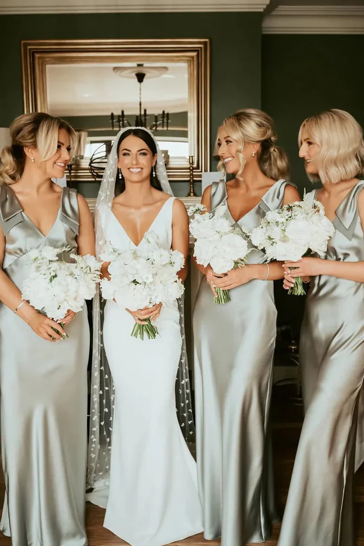 Fashion Sheath V Neck Sage Green Silk Satin Bridesmaid Dress with Bow/Formal Wear Dresses SH2549