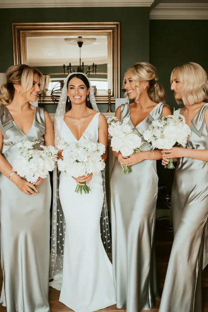 Fashion Sheath V Neck Sage Green Silk Satin Bridesmaid Dress with Bow/Formal Wear Dresses SH2549