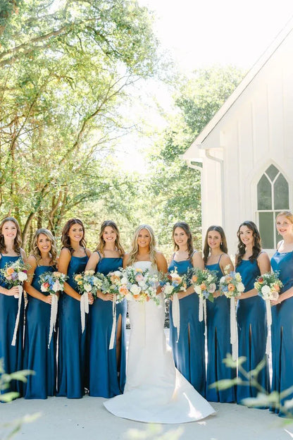 Simple Mermaid Spaghetti Straps Blue Long Bridesmaid Dresses with Bow Back/Formal Wear Dresses SH2547