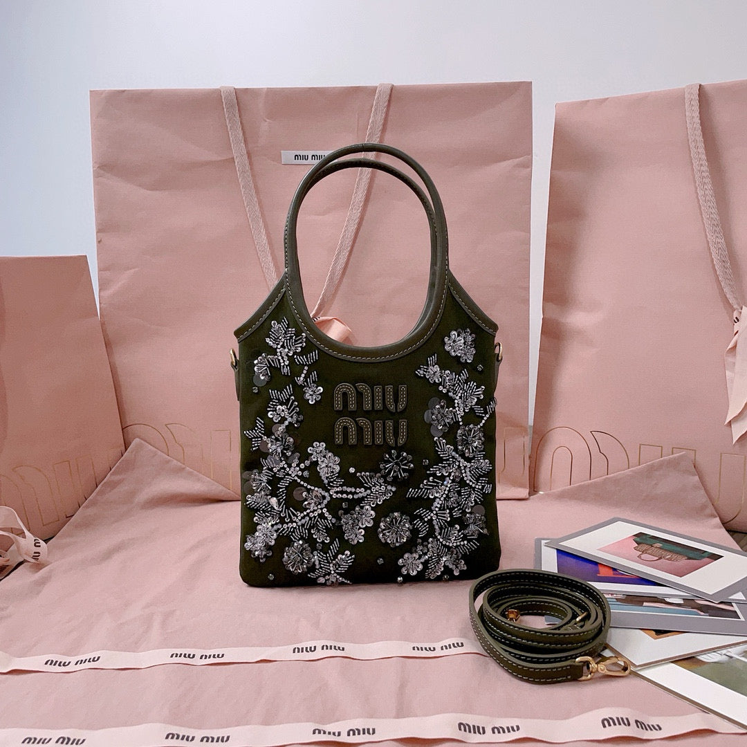 MIU IVY GABARDINE BAG 24CM IN OLIVE GREEN EMBROIDERED COTTON