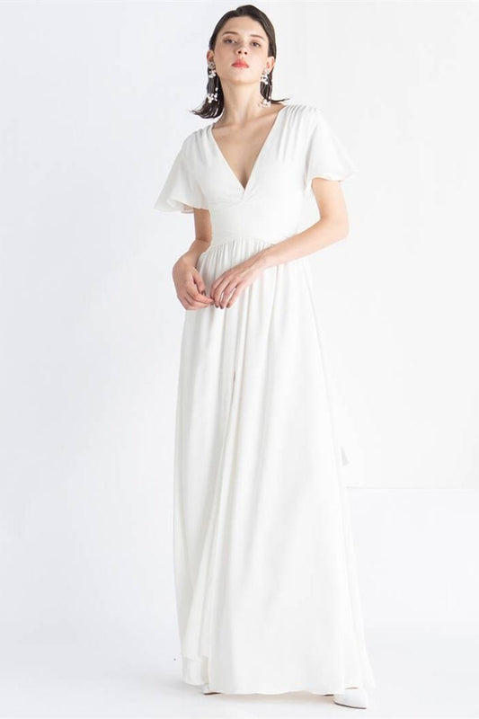 White Chiffon Long Dress with Slit