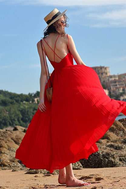 Red Chiffon Summer Long Dress