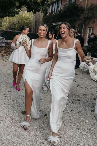 White Square Sleeveless Fitted Bridesmaid Dress With Slit