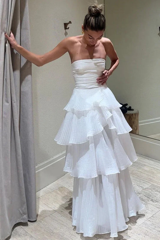 White Strapless Chiffon A-Line Empire Tiered Party Prom Dress