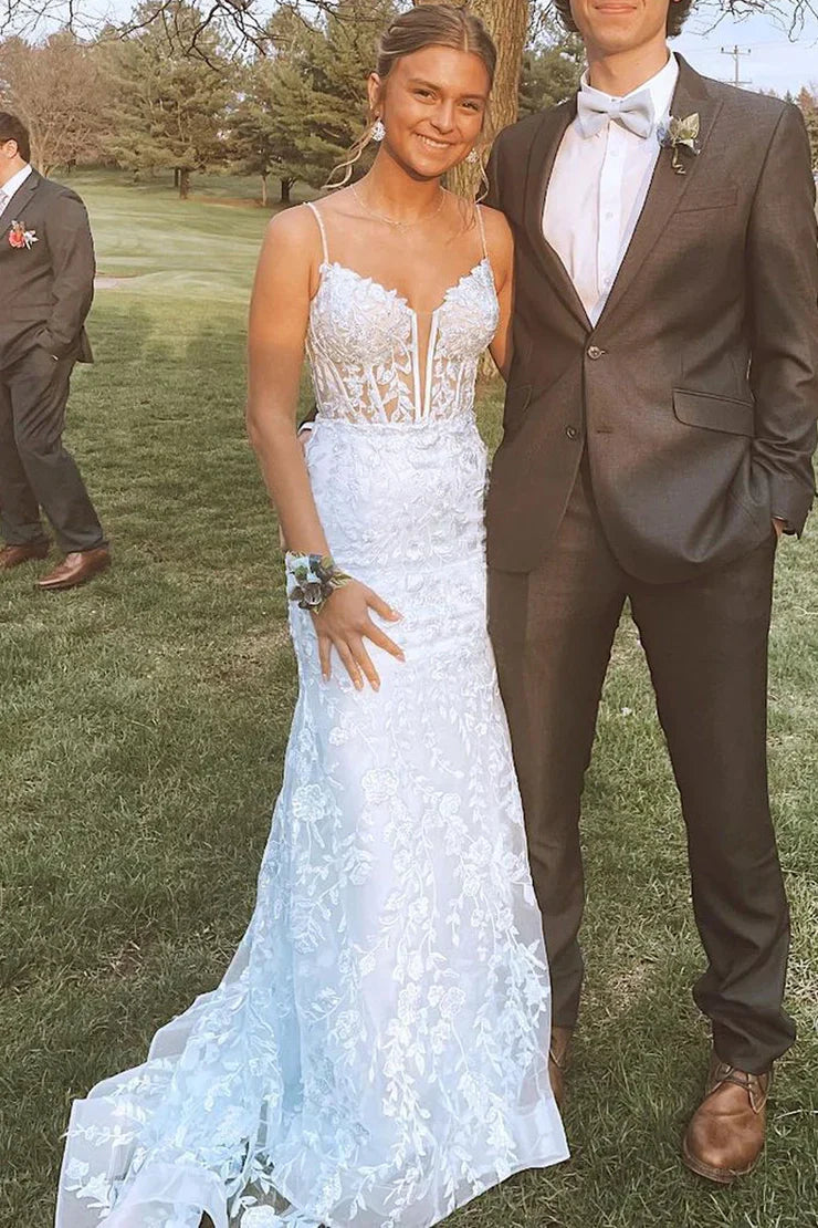 White Sweetheart Sleeveless Lace Appliques Mermaid Party Prom Dress