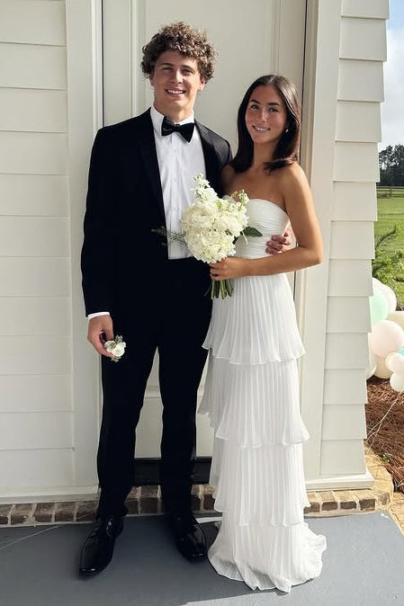 White Sweetheart Strapless Chiffon A-Line Tiered Party Prom Dress