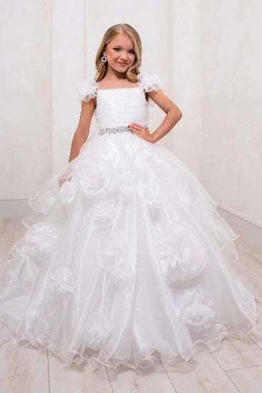 White Tulle A-Line Empire Girl Pageant Dress With 3D Florals