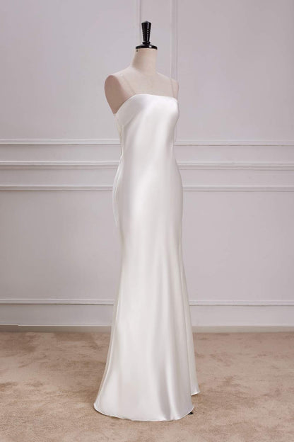 White Strapless Cowl Back Mermaid Satin Long Bridesmaid Dress