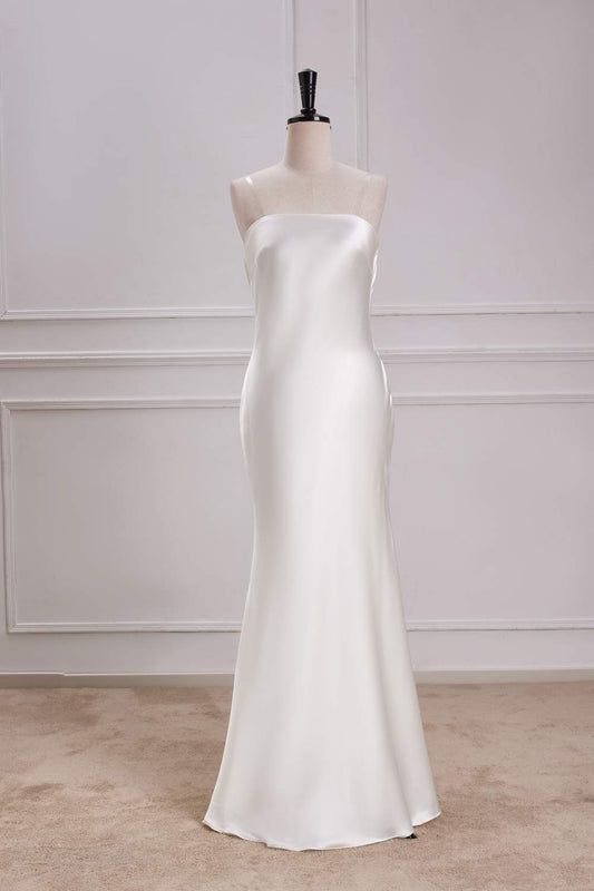White Strapless Cowl Back Mermaid Satin Long Bridesmaid Dress