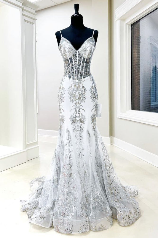 White Straps V-Neck Applique Mermaid Prom Dress